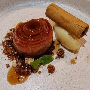 Apple Tarte Tatin with ginger bread, celeriac ganache, and roasted chocolate