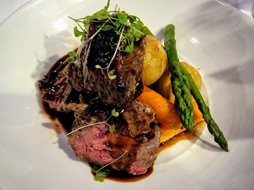 Illabo Lamb Rump, chat potatoes, onion, carrots, asparagus, muscat jus