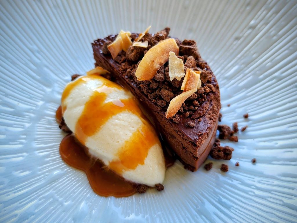 Chocolate delice, vanilla ice cream, salted caramel